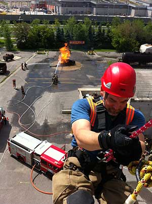 The author repelling down