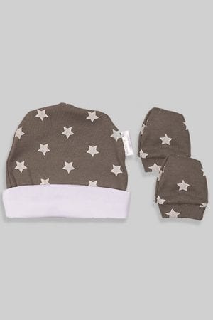 כפפות וכובע לתינוק - בסיס אפור כוכבים (0-3 חודשים)