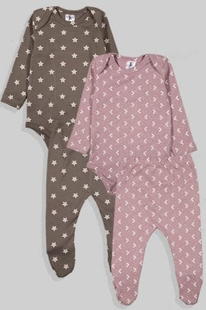 שני סטים בגדי גוף ורגליות פלנל - משולשים וכוכבים - אפור וסגול (0 -2.5 שנים)