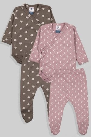 שני סטים בגדי גוף ורגליות פלנל - משולשים וכוכבים - אפור וסגול (0 - 3 חודשים)