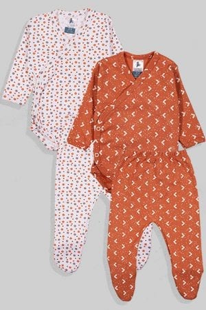 שני סטים בגדי גוף מעטפת ורגליות פלנל - משולשים נקודות - חום ולבן (0 - 3 חודשים)