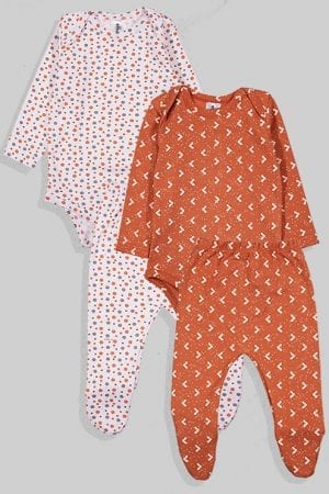 שני סטים בגדי גוף ורגליות פלנל - משולשים נקודות - חום ולבן (0 -2.5 שנים)