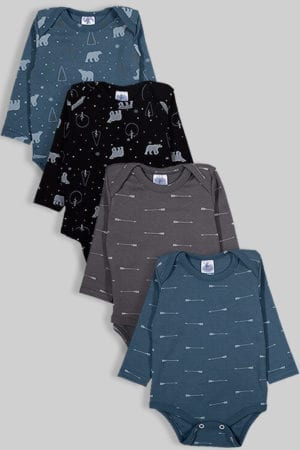 רביעיית בגדי גוף פלנל - דובים וחצים - אפור כחול שחור (0-2.5 שנים)