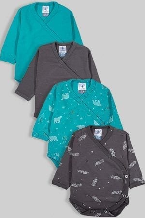 רביעיית בגדי גוף מעטפת פלנל - דובים נוצות חלק - ירוק אפור (0-3)