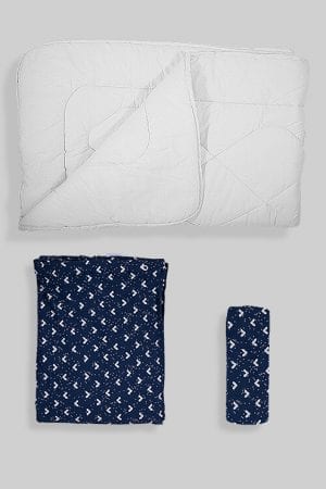 שמיכת פוך לתינוק + ציפה + סדין - בסיס כחול משולשים