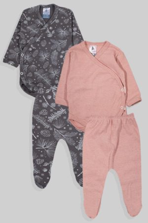 שני סטים בגדי גוף מעטפת ורגליות פלנל - חלק פרחים - ורוד אפור (0-3 חודשים)
