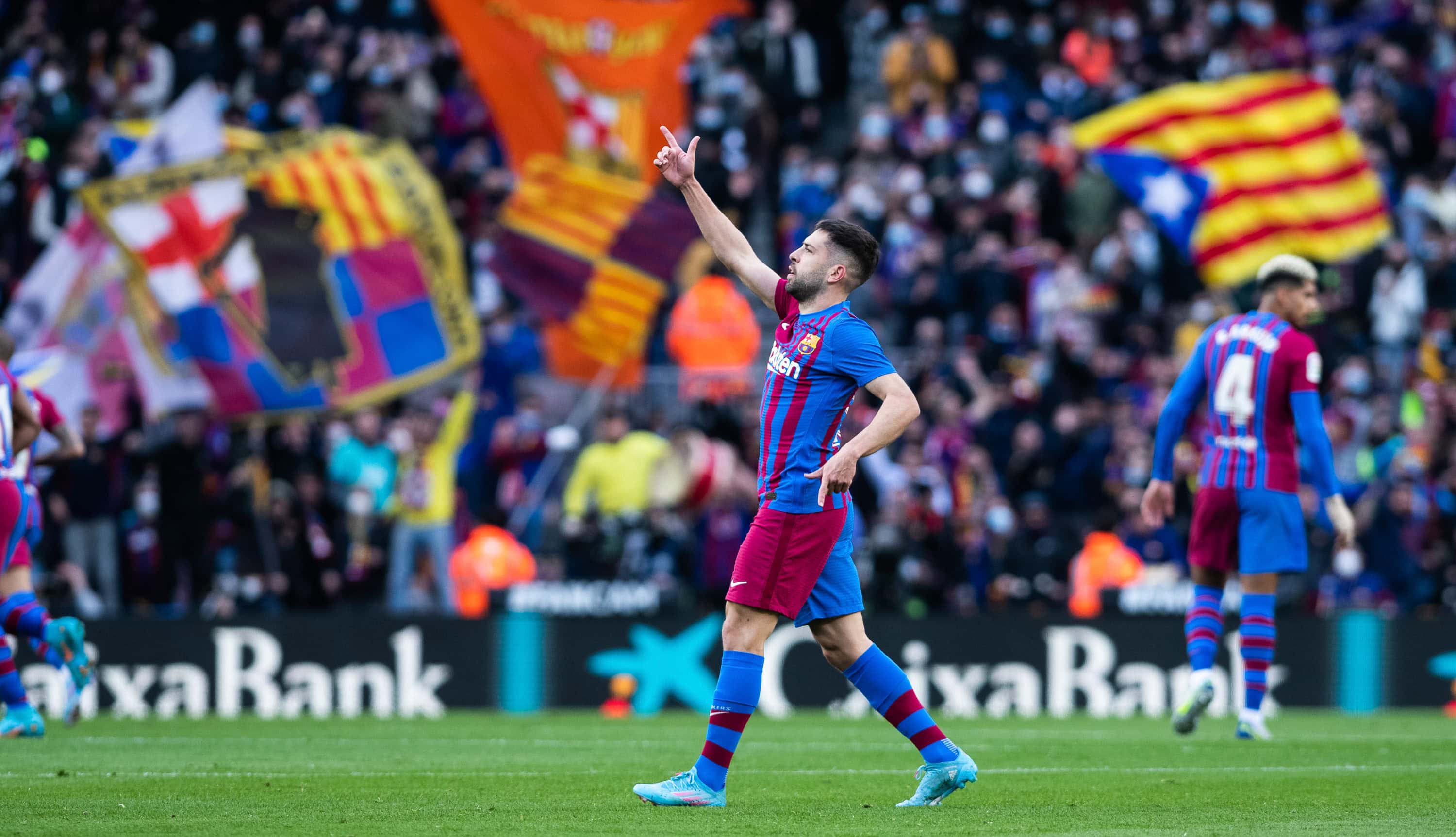FC Barcelona footballer Jordi Alba celebrating a goal against Atletico Madrid at the Camp Nou stadium