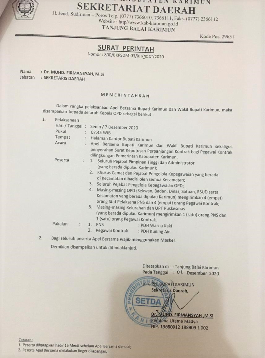 Surat Perintah Sekda Karimun