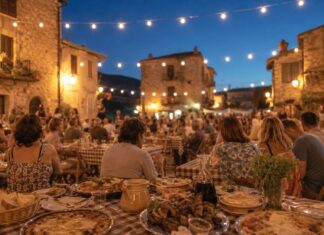 Sagra estiva in una piazza di un borgo del Lazio con tavolate all'aperto