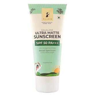 Pilgrim Squalane ULTRA MATTE SUNSCREEN SPF 50 PA+++ for women & men with Omega Ceramides & Vitamin E | Broad spectrum, Non-greasy, No white cast | All skin types | 50 gm