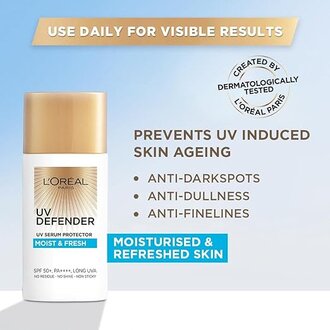 L'Oreal Paris Sunscreen, Non-Greasy, Hydrating Sunscreen With Hyaluronic Acid, UVA & UVB Protection, With SPF 50 PA+++, Moist & Fresh, UV Defender Serum Protector, 50 ml - Image 2
