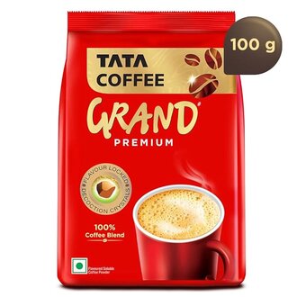 Tata Coffee Grand Premium Instant Coffee, 90g / 100g, Powder, Bag/Pouch, With Flavour Locked Decoction Crystals, Flavoured Soluble Coffee Powder, Rich Aroma & Great Taste