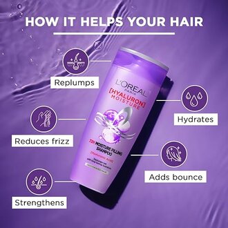 L'Oreal Paris Moisture Filling Shampoo, With Hyaluronic Acid, For Dry & Dehydrated Hair, Adds Shine & Bounce, Hyaluron Moisture 72H, 340ml - Image 4