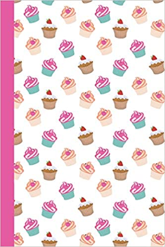 A delightful journal showcasing colorful cupcakes scattered across a white background with a bright pink spine.