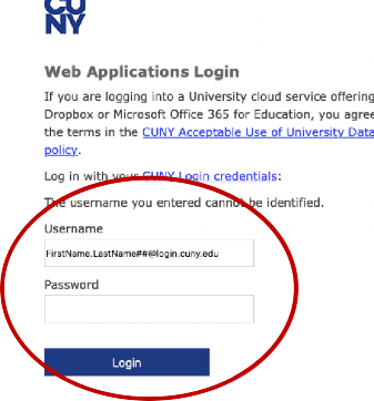 Second login, CUNY Web Applications Login, for entering CUNY First Username and Password.