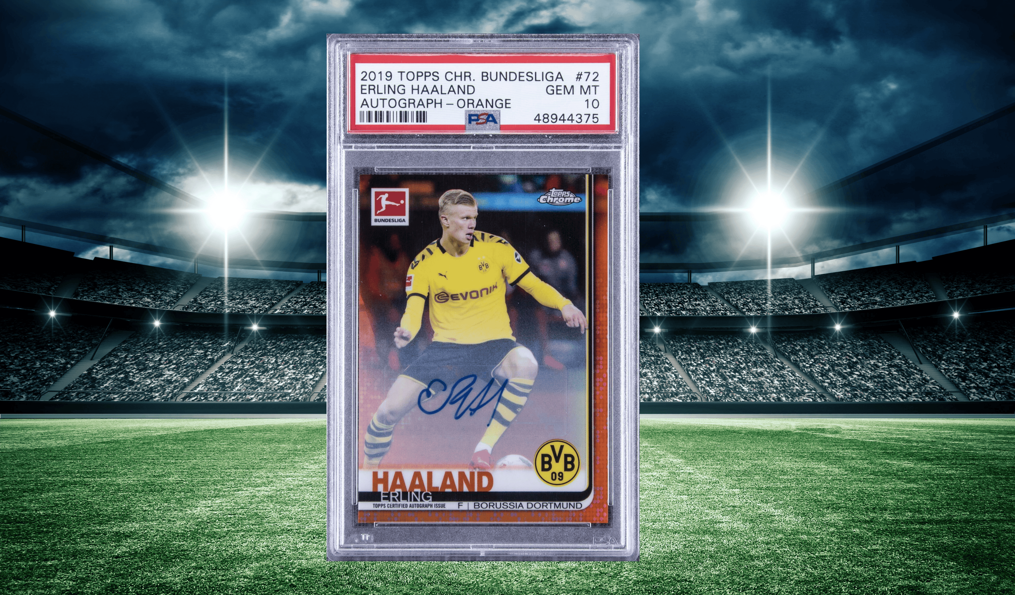 Depicting the Topps Chrome Orange Refractor card featuring Erling Braut Haaland of Borussia Dortmund
