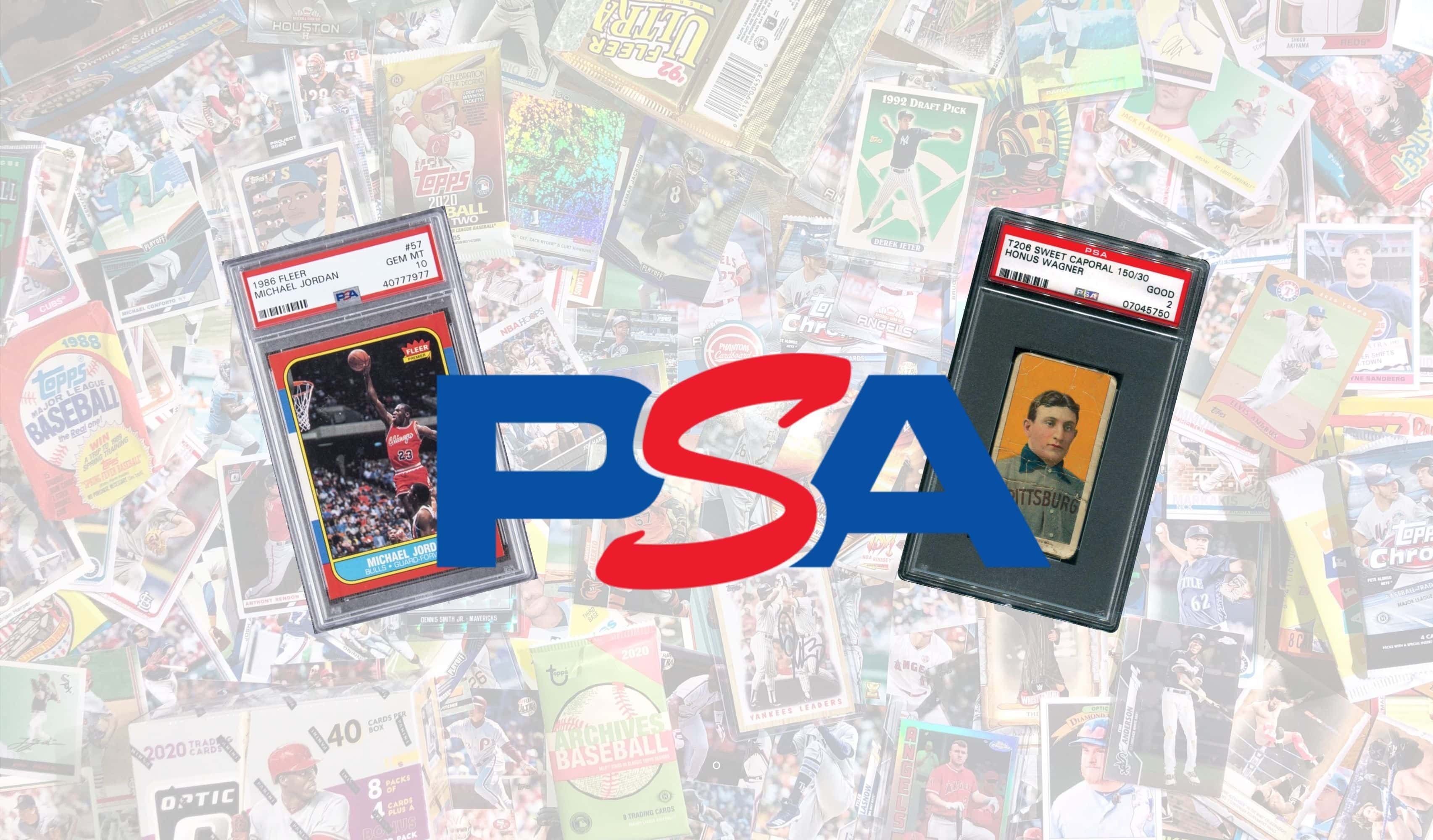 PSA logo flanked by Michael Jordan rookie card and rare Honus Wagner card