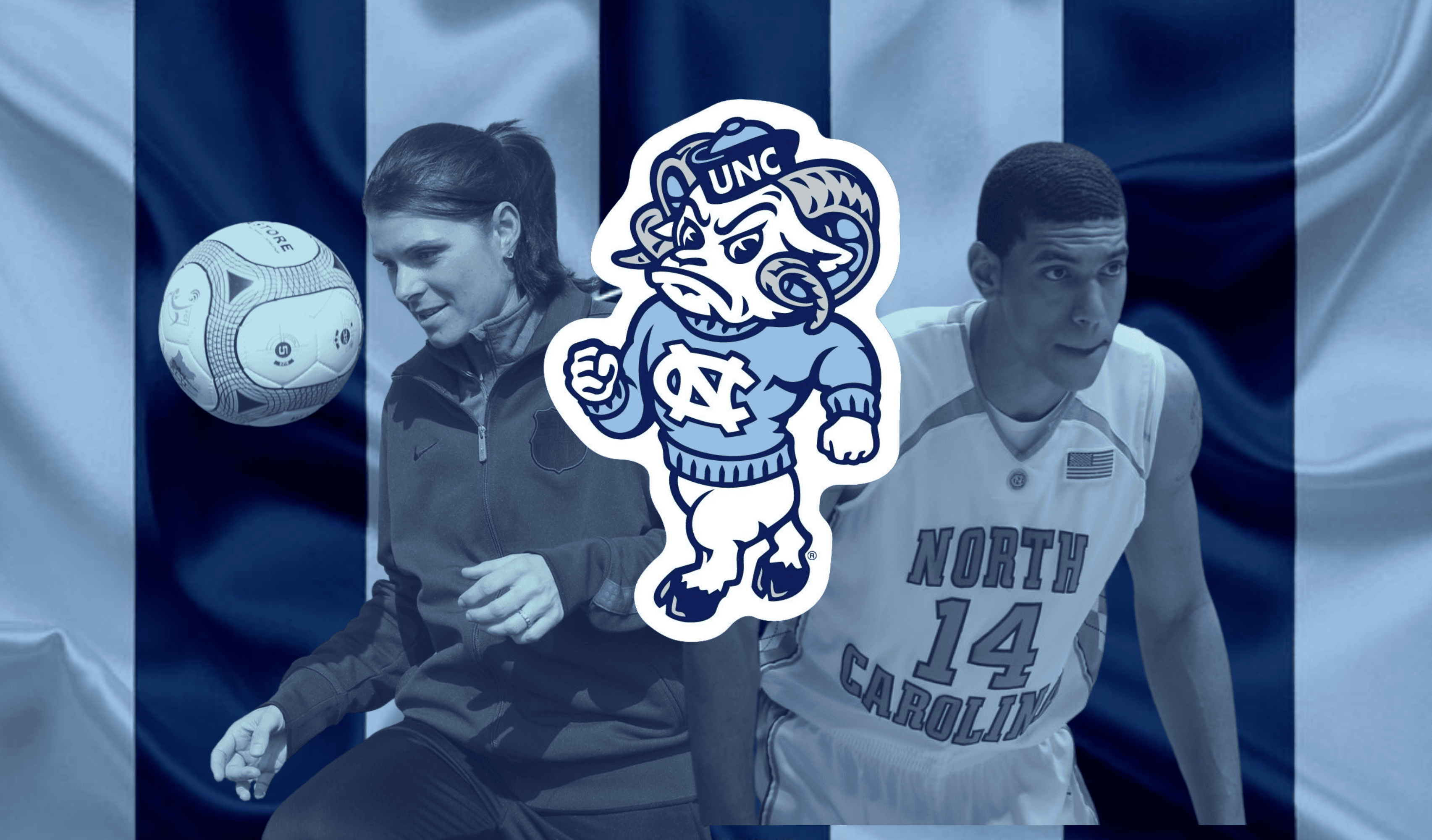 Depicting UNC Tar Heels mascot Rameses alongside Mia Hamm and Danny Green