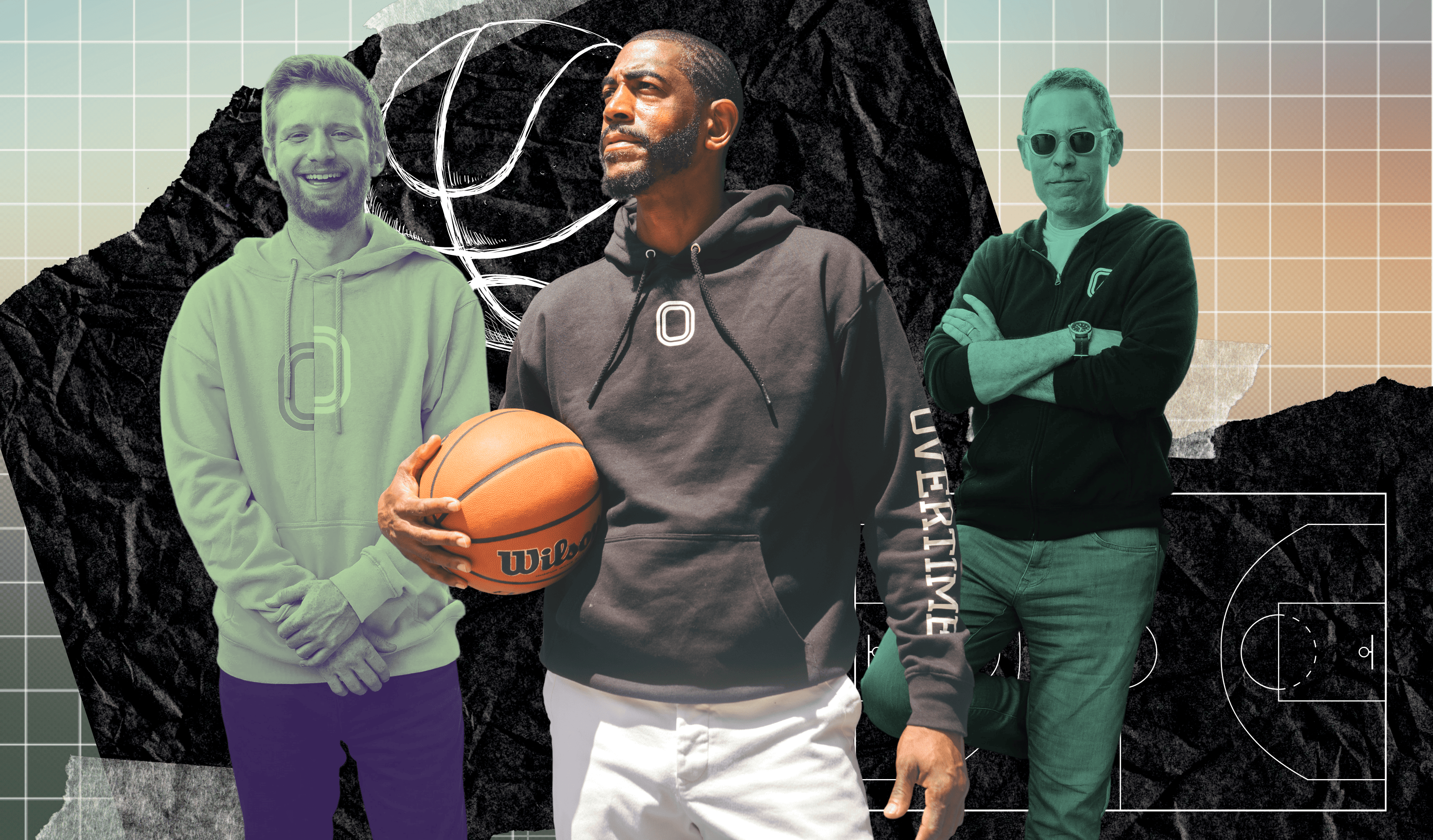 Depicting Overtime's Zach Weiner, Kevin Ollie, and Dan Porter