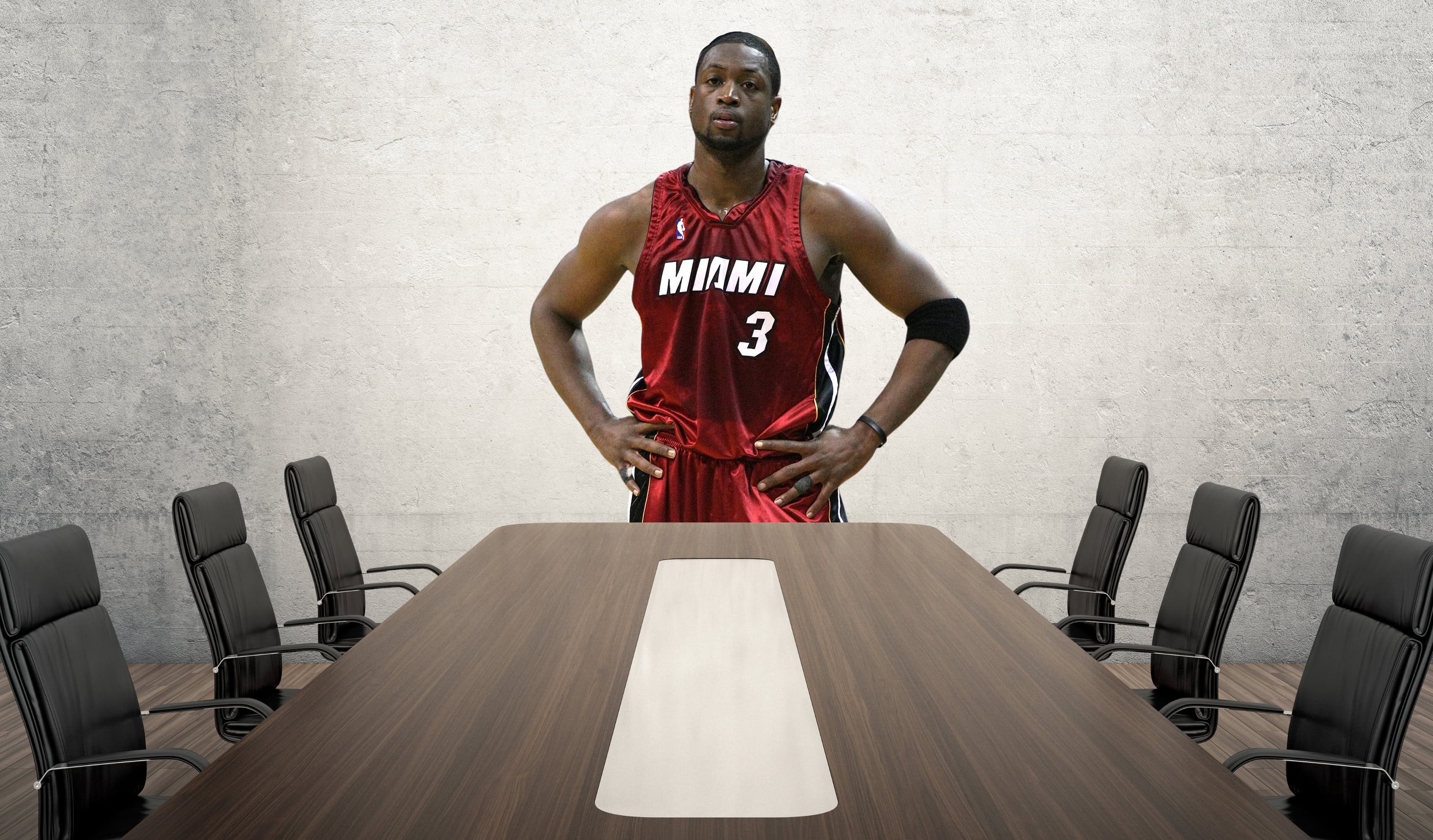 Depicting Dwyane Wade at the head of a boardroom table