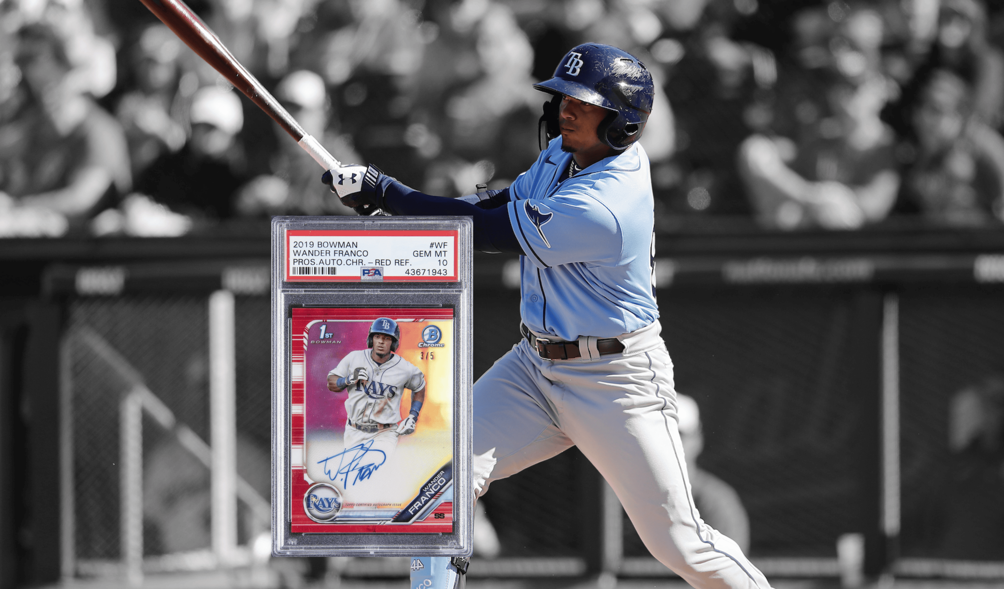 Depicting Rays SS Wander Franco and his Bowman Chrome Auto Red Refractor /5 prospect card