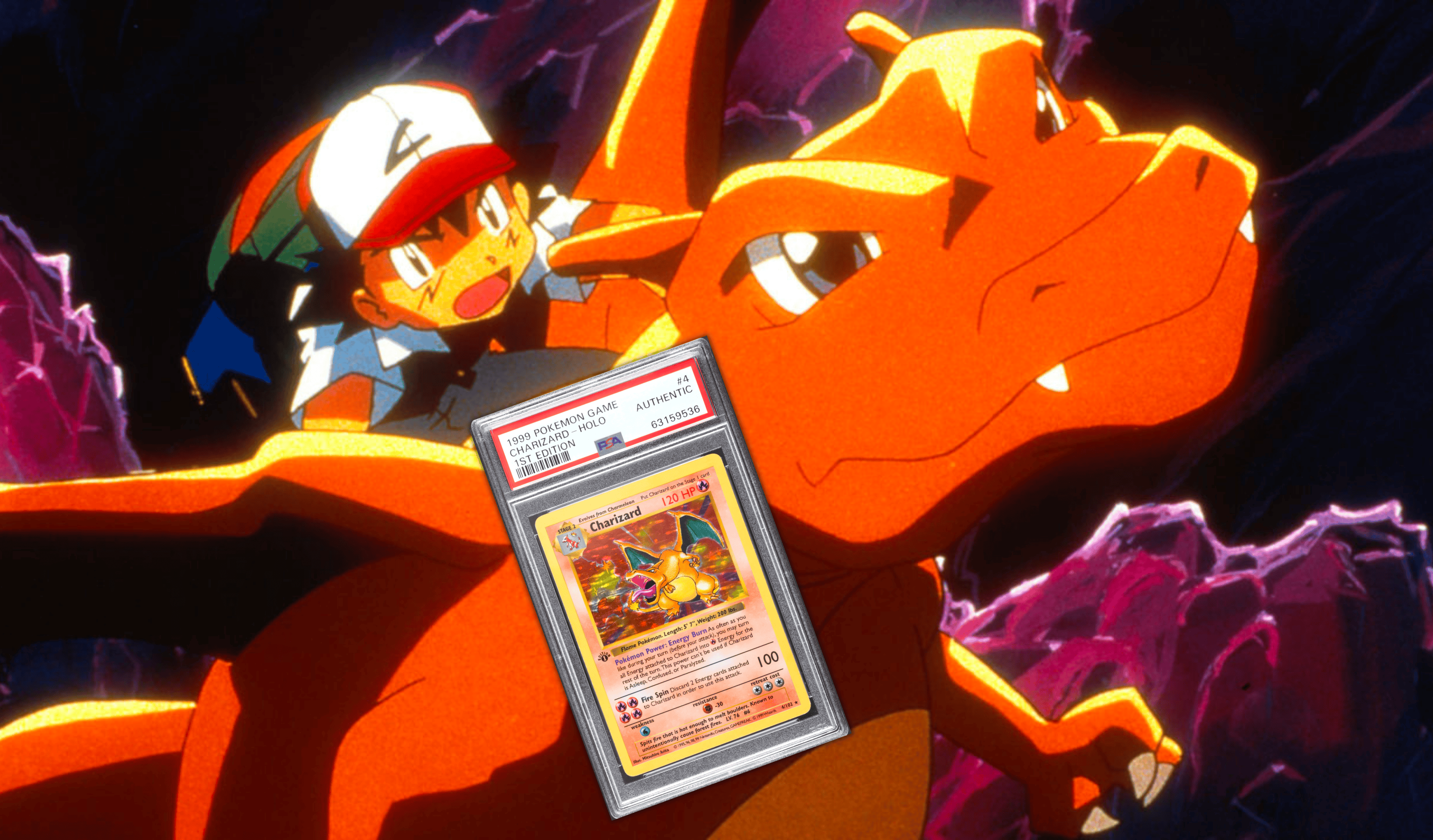A 1st edition Charizard trading card superimposed on a screenshot of Ash Ketchum from the Pokemon cartoon series