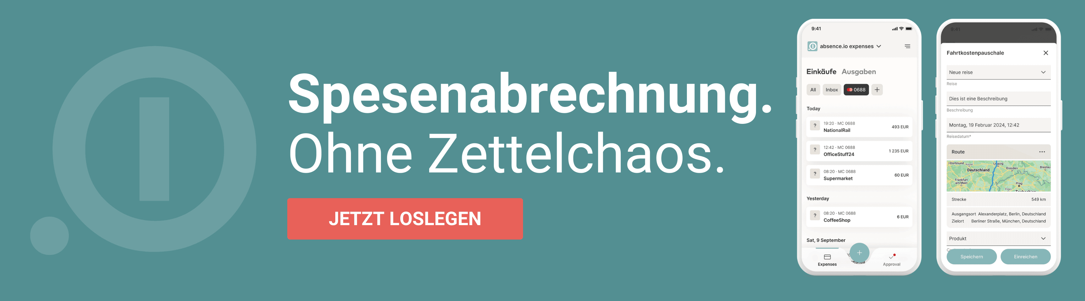 Ein Banner der die digitale Spesenabrechnung von absence.io bewirbt. Links ist das Logo von absence.io zu sehen. In der Mitte steht "Spesenabrechnung. Ohne Zettelchaos." über einem Button mit dem Text "JETZT LOSLEGEN". Daneben sieht man zwei Smartphones auf denen die mobile App zur Reisekosten- und Spesenabrechnung zu sehen ist. 