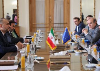 Iran's Foreign Minister Hossein Amir-Abdollahian (L) meets Josep Borell, the High Representative of the European Union for Foreign Affairs and Security Policy (R), and Deputy Secretary-General of the European External Action Service (EEAS) Enrique Mora (2nd-R) at the foreign ministry headquarters in Iran's capital Tehran on June 25, 2022. - ATTA KENARE/AFP via Getty Images