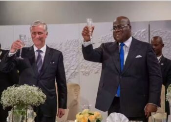 DRC President Felix Tshisekedi and Belgian King Philippe toast at an official banquet in Kinshasa. Nicolas Maeterlinck/Belga/AFP via Getty Images