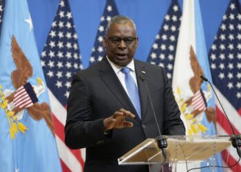 United States Secretary of Defense Lloyd Austin addresses the media during a meeting of NATO defense ministers at NATO headquarters in Brussels, Thursday, June 15, 2023