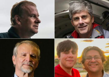 This combination of pictures created on June 21, 2023 shows Titan submersible passengers (L-R, top to bottom) Hamish Harding, in an image courtesy of Dirty Dozen Productions, ahead of the 4am start of the RMS Titanic Expedition Mission 5 on June 18, 2023. (AFP)