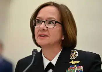 Vice Chief of Naval Operations Adm. Lisa Franchetti has been nominated to head the U.S. Navy, which would make her the first woman to hold the position and to serve on the Joint Chiefs of Staff. (Eric Dietrich/U.S. Air Force/AFP/Getty Images)