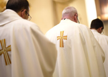 Priests are seen during a special Mass for vocations at Cure of Ars Church in Merrick, N.Y., Aug. 4, 2022, the feast of St. John Vianney, patron of parish priests. (CNS photo/Gregory A. Shemitz)