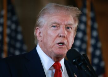 PALM BEACH, FLORIDA - AUGUST 08: Republican presidential candidate former President Donald Trump speaks during a press conference at his Mar-a-Lago estate on August 08, 2024, in Palm Beach, Florida. Polls currently show a close race between Trump and Democratic presidential candidate, U.S. Vice President Kamala Harris. (Photo by Joe Raedle/Getty Images)