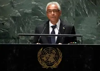 Mauritius Prime Minister Pravind Kumar Jugnauth addresses the 78th session of the United Nations General Assembly, on Sept. 22, 2023. Richard Drew—AP