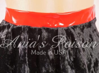 Ania's Sissy OOAK Garter Maid Apron Skirt black Velvet, Red VINYL waistband, Cow Print Satin Ties at Back, 4 Garter Clips - Image 6