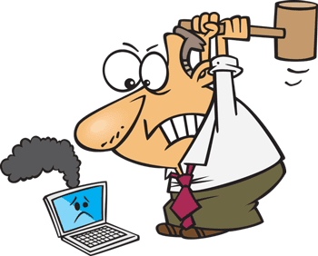 bad-software Cartoon man smashing computer