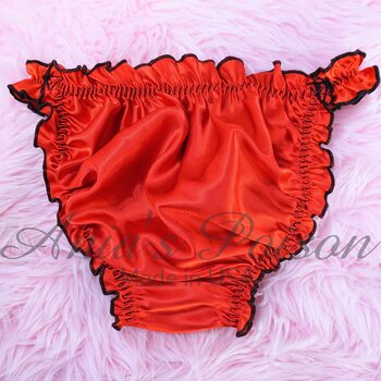 Ania's Sissy Red Satin Ruffled string Bikini shiny wetlook men's panties sz L - Image 5