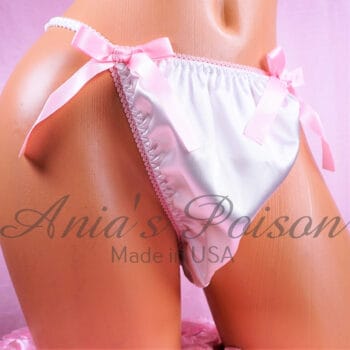 Ania's Sissy white Satin string Bikini naughty text "I Love Being Dominated" shiny wetlook men's panties sz XL - Image 3