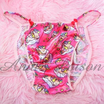 Ania's Sissy Pink Satin string Bikini baby rainbow Unicorn girly print shiny wetlook men's panties sz 2XL