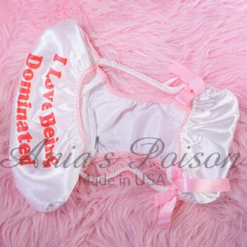 Ania's Sissy white Satin string Bikini naughty text "I Love Being Dominated" shiny wetlook men's panties sz XL - Image 4