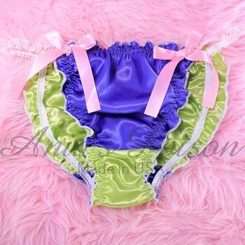 Ania's Sissy Green & Purple Satin Ruffled string Bikini scrunch butt double satin Pink sides shiny wetlook men's panties sz L - Image 3