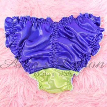 Ania's Sissy Green & Purple Satin Ruffled string Bikini scrunch butt double satin Pink sides shiny wetlook men's panties sz L - Image 5