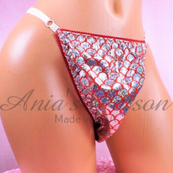 Ania's Sissy mermaid scale foil Thong adjustable sides Red Silver shiny sparkle men's panties One Size