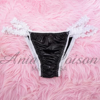Ania's sissy super tiny Ladies cut VINYL Black Brazilian cut Humiliation panties lace sides sz S - Image 4