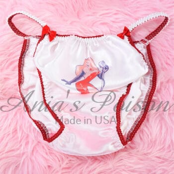 Ania's Sissy white Satin string Bikini Jessica Rabbit RARE charter print shiny wetlook men's character print panties sz M - Image 4