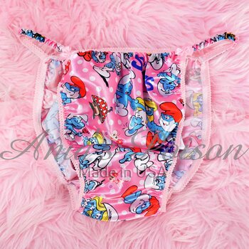 Ania's Sissy Satin string bikini Pink Smurfies print shiny wetlook Men's cut panties sz XL - Image 3