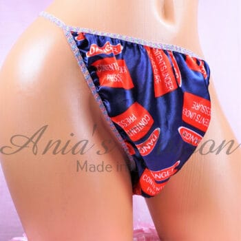 Ania's Sissy fully lined Satin string Bikini novelty print "Contents Under Pressure" shiny wetlook men's panties sz M - Image 2