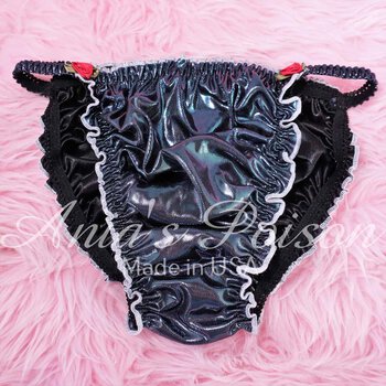 Ania's metallic foil ruffled panties Men's Pewter Black shiny wetlook string bikini sz S - Image 3