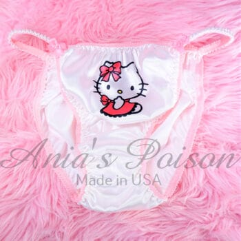 Ania's Sissy white Satin Little Kitty Pink Dress string Bikini DUCHESS CUT shiny wetlook MEN'S panties sz 7/L